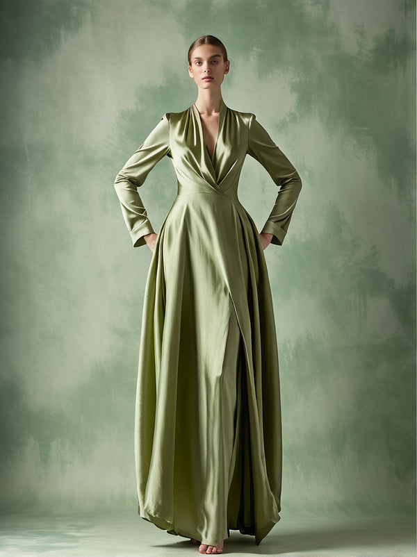 Diarra - Long Silk Gathered V neck Dress